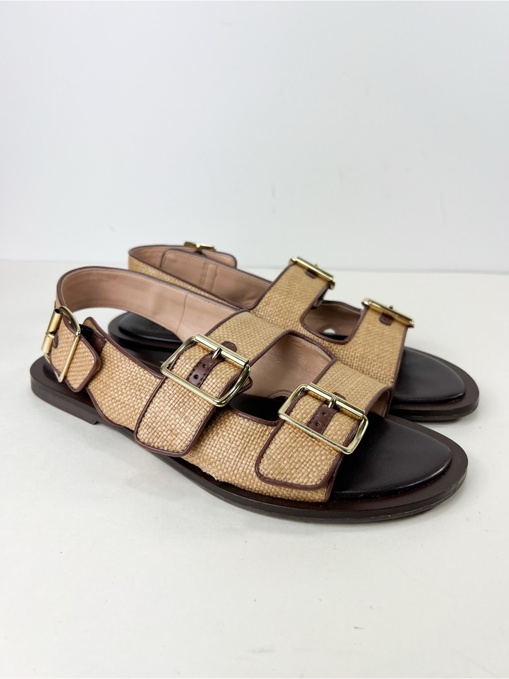 J Crew Carsen Made in Italy Slingback Sandals Faux Raffia & Leather Brown size 8